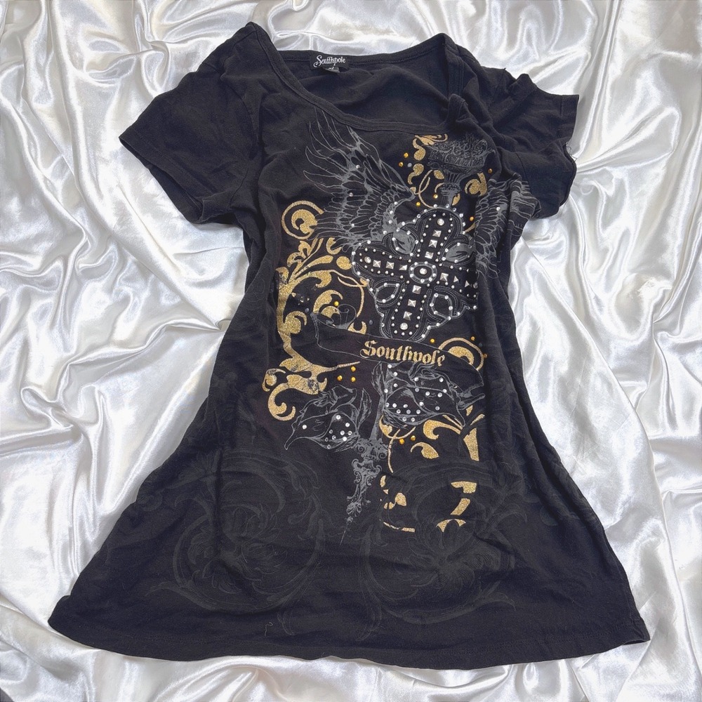 y2k T-Shirt Black Excellent Southpole Rhinestone Cross Wing Graphic Tee XL